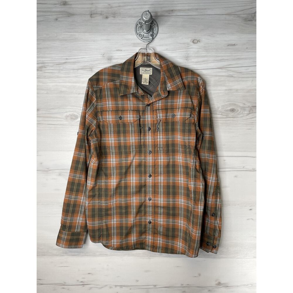 LL Bean Mens Small Orange Green Plaid‎ Button Front Long Sleeve Outdoor Shirt